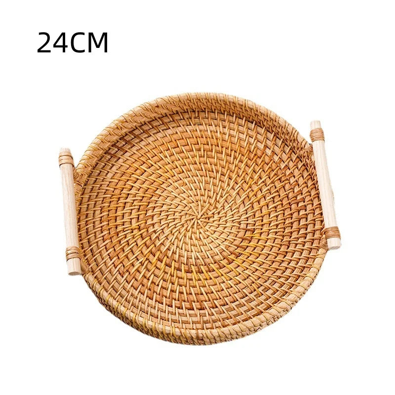 Round Rattan Serving Tray with Handles
