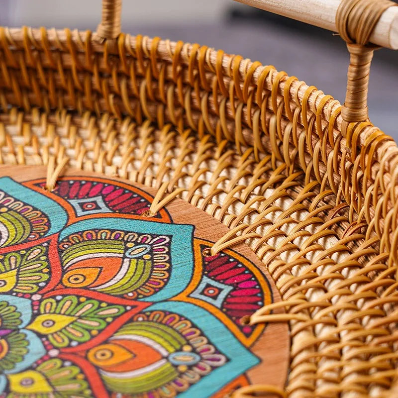 Round Rattan Serving Tray with Handles 