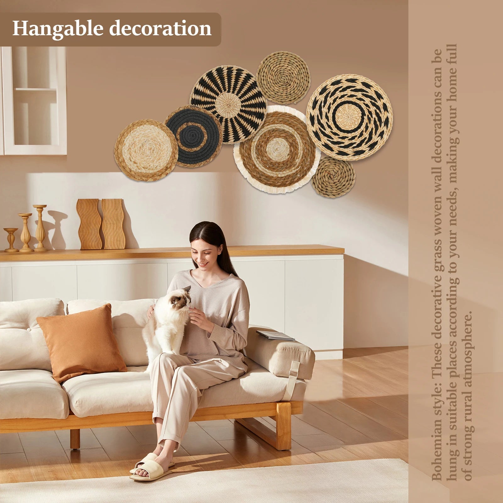 7 Pcs round Bohemian Woven Wall Basket Decor Handmade Woven Wall Decor for Home Hanging Bohemian Wall Decor for Party