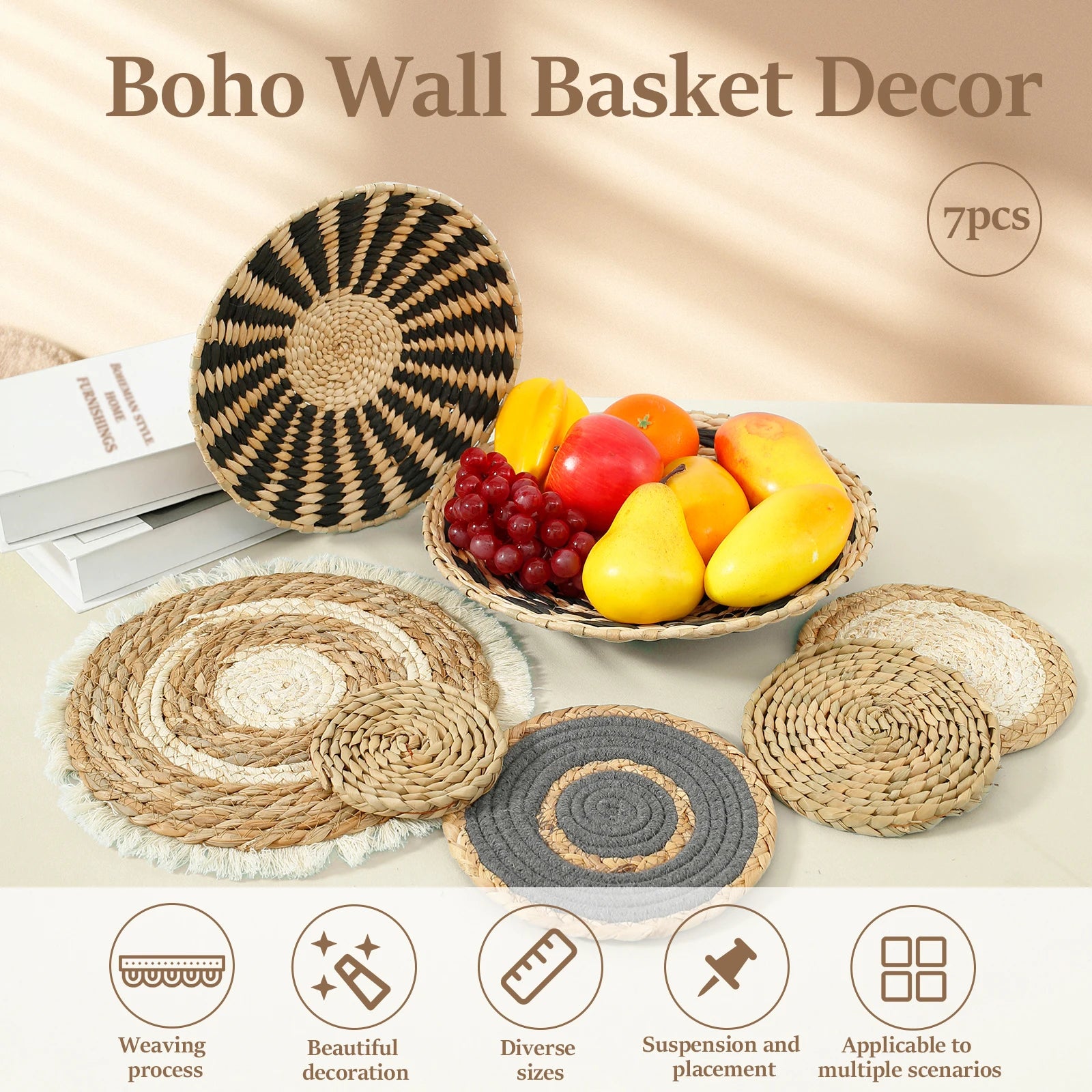 7 Pcs round Bohemian Woven Wall Basket Decor Handmade Woven Wall Decor for Home Hanging Bohemian Wall Decor for Party