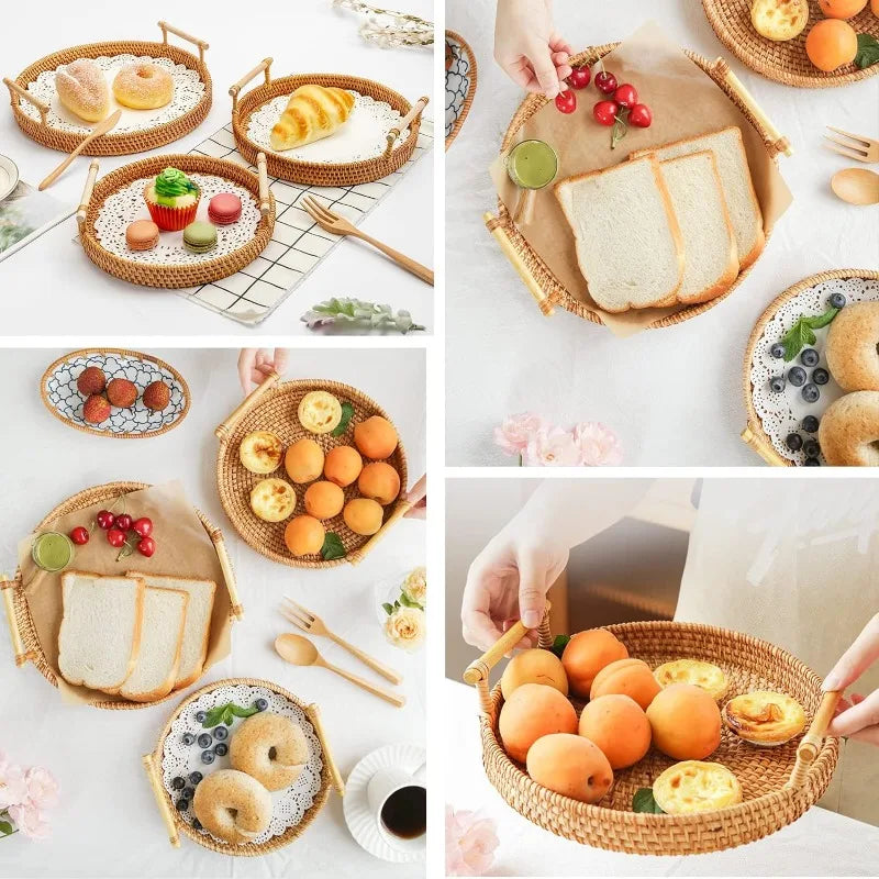 Round Rattan Serving Tray with Handles 
