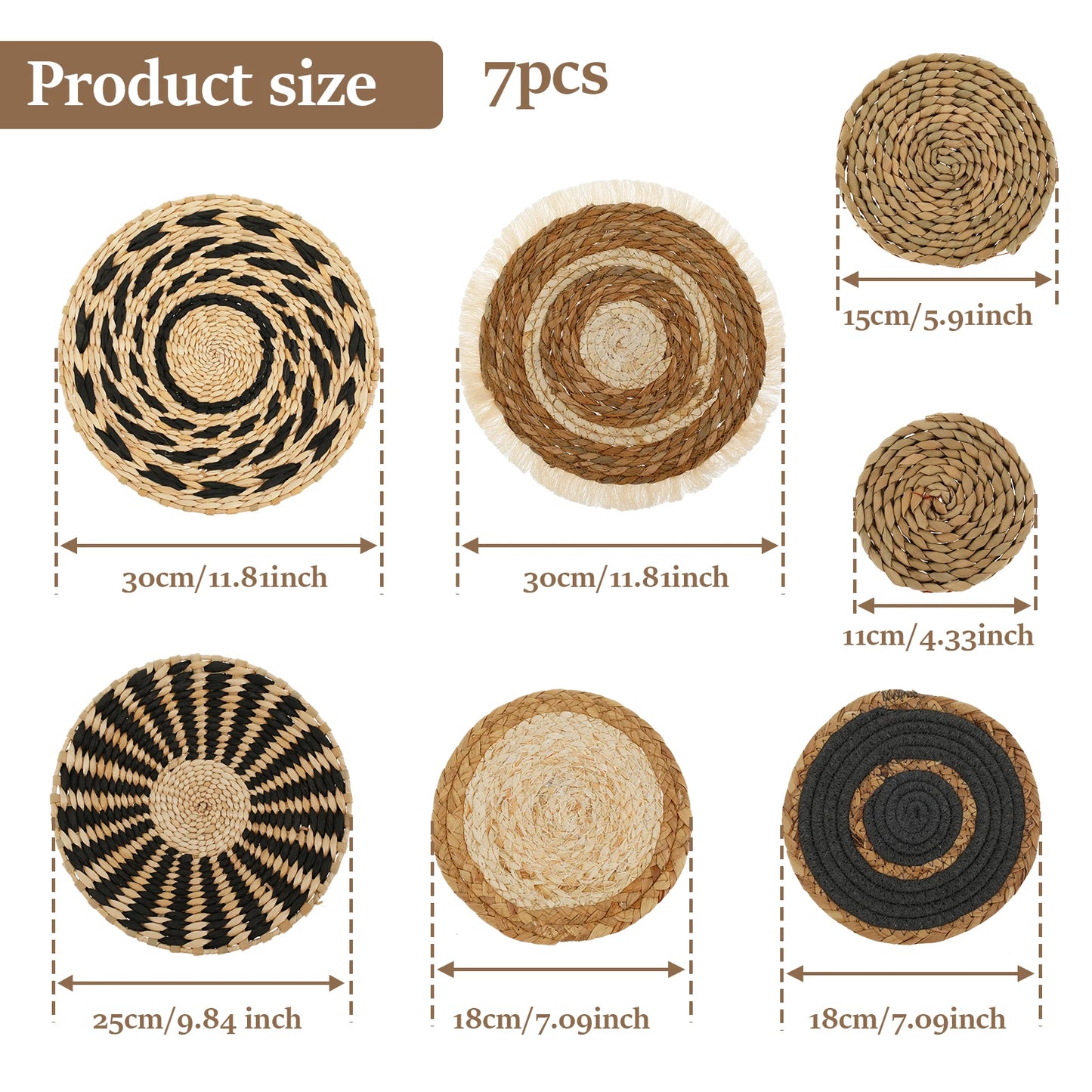 7 Pcs round Bohemian Woven Wall Basket Decor Handmade Woven Wall Decor for Home Hanging Bohemian Wall Decor for Party