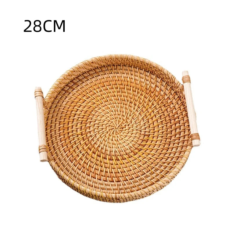 Round Rattan Serving Tray with Handles 