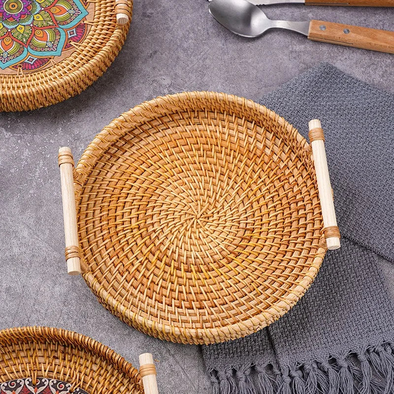 Round Rattan Serving Tray with Handles 