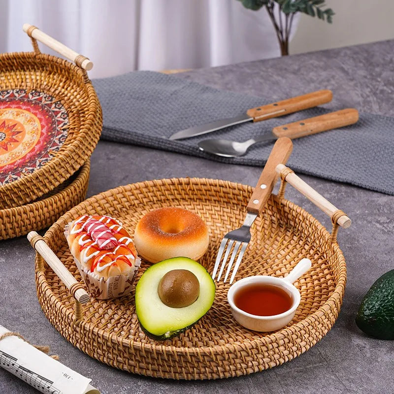 Round Rattan Serving Tray with Handles 
