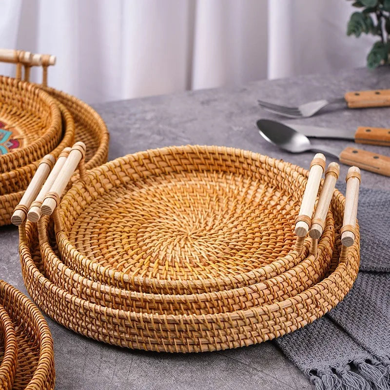 Round Rattan Serving Tray with Handles 